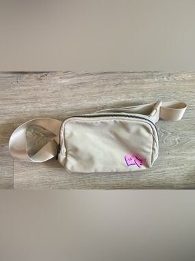 Beige Canvas Crossbody Fanny Pack Bag with Pink Accent